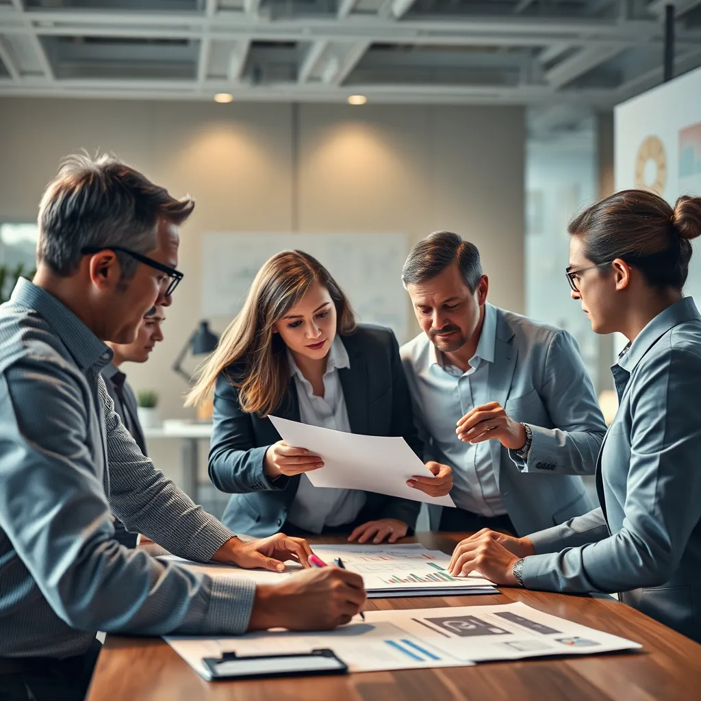 A team of consultants and business professionals working collaboratively, brainstorming ideas, reviewing data, and actively discussing project implementation plans. The scene should be energetic and dynamic, conveying a sense of teamwork, innovation, and progress.